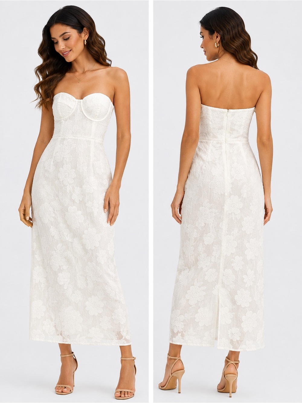 Lulu's Ivory Strapless Lace Midi Dress